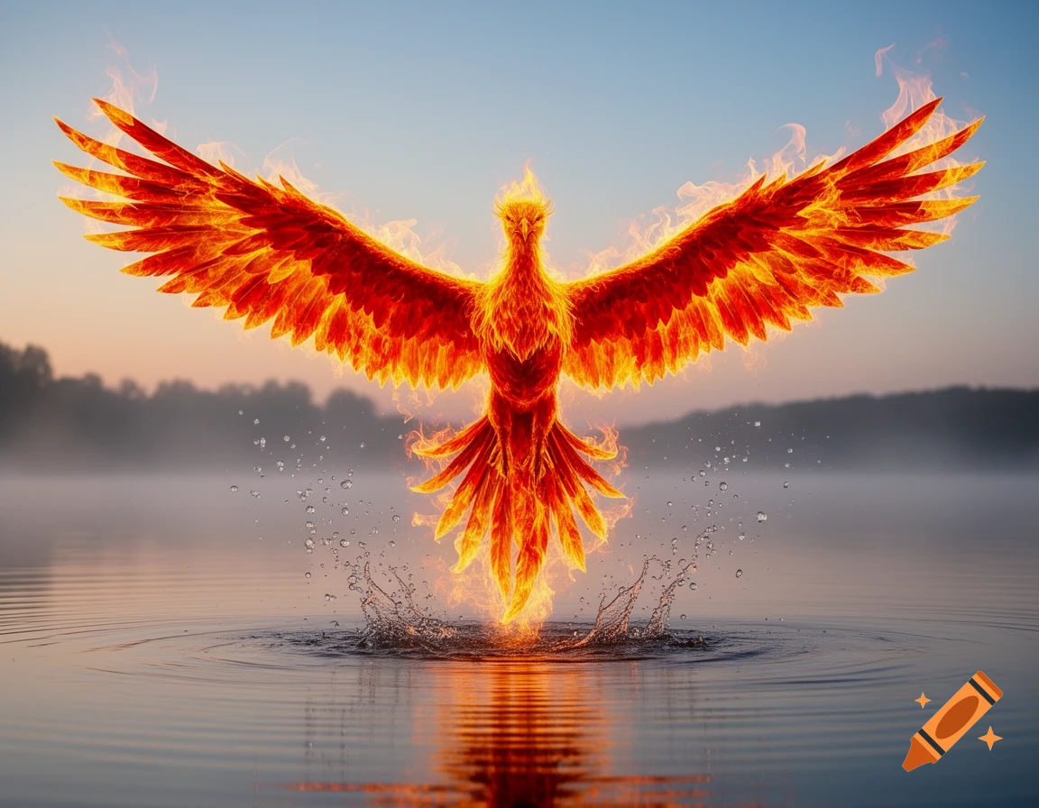 A majestic fiery phoenix with outstretched wings rises dramatically from a calm lake, surrounded by water splashes, against a soft twilight sky.