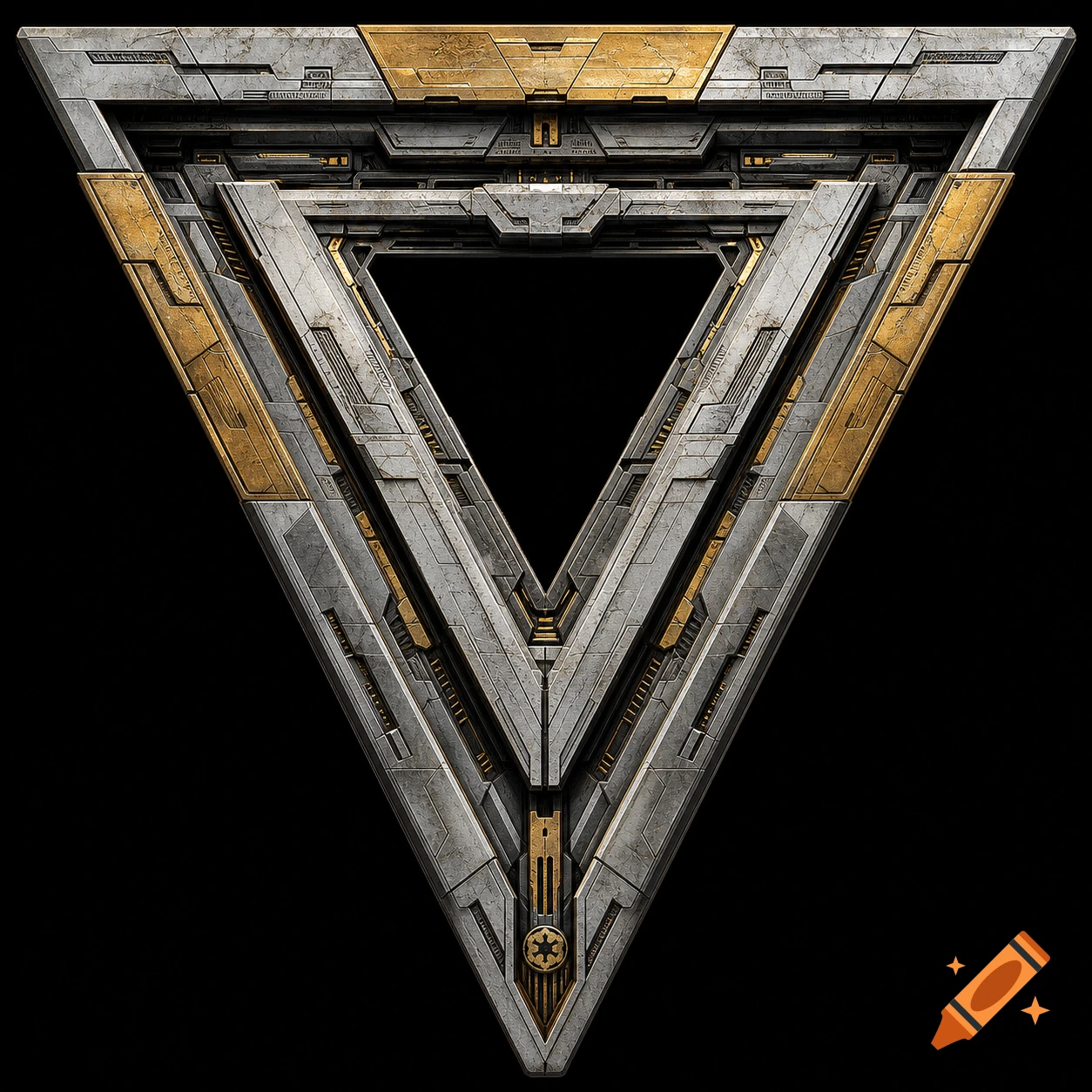 Highly detailed sci-fi triangular logo emblem, metallic gray with gold/bronze panels, layered geometric patterns, and an Imperial symbol, on a black background.