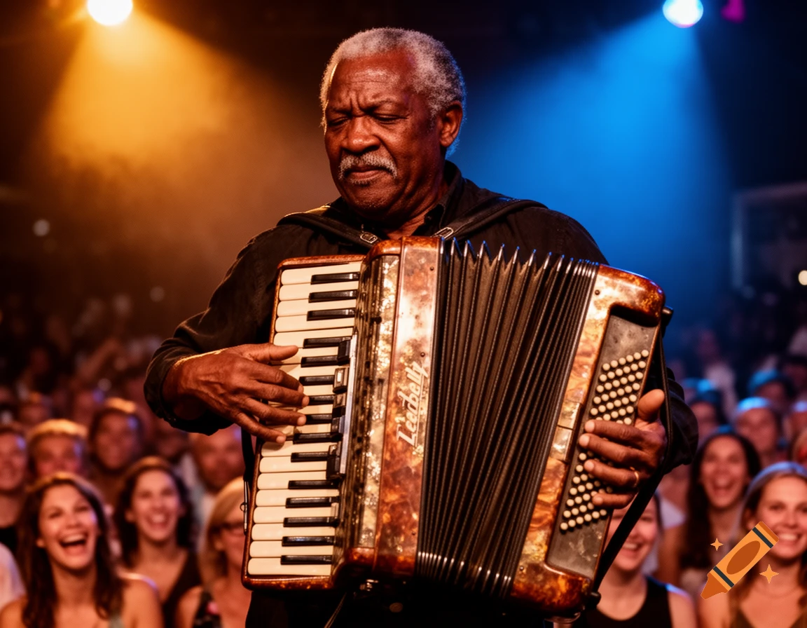An elderly Black man intensely plays an accordion on a brightly lit stage, with a smiling audience blurred in the background.