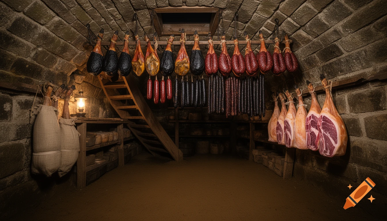 A dimly lit stone cellar with hams and various sausages hanging from the vaulted ceiling, illuminated by a lantern.