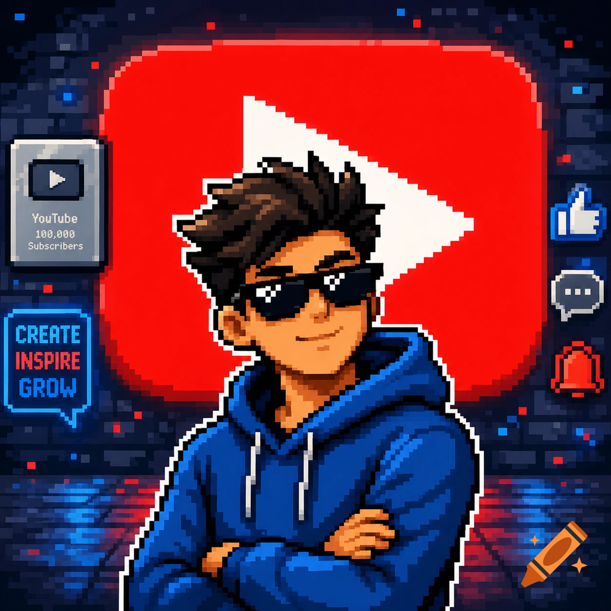 A pixel art portrait of a cool guy in sunglasses and a blue hoodie against a YouTube logo background with subscriber info and social media icons.