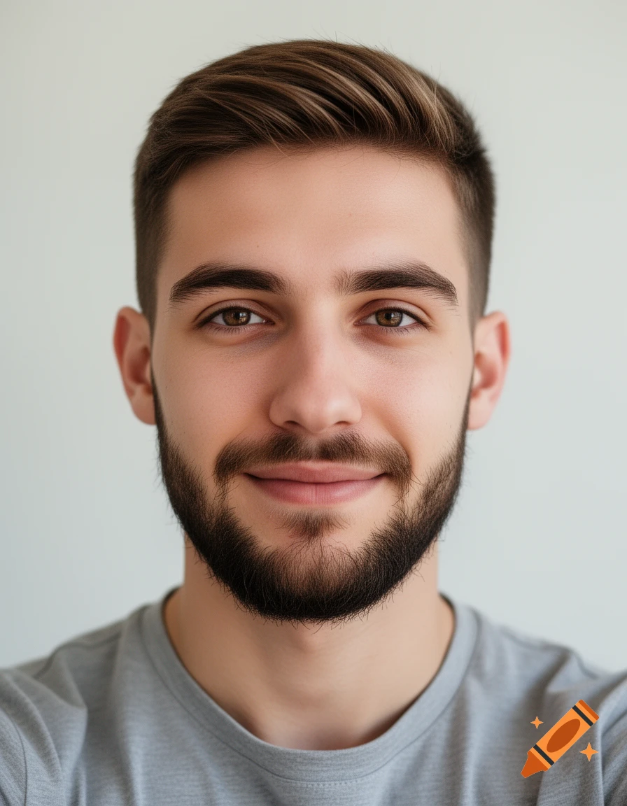 Photorealistic portrait of a smiling young adult man with a beard looking directly at the viewer against a clear background.