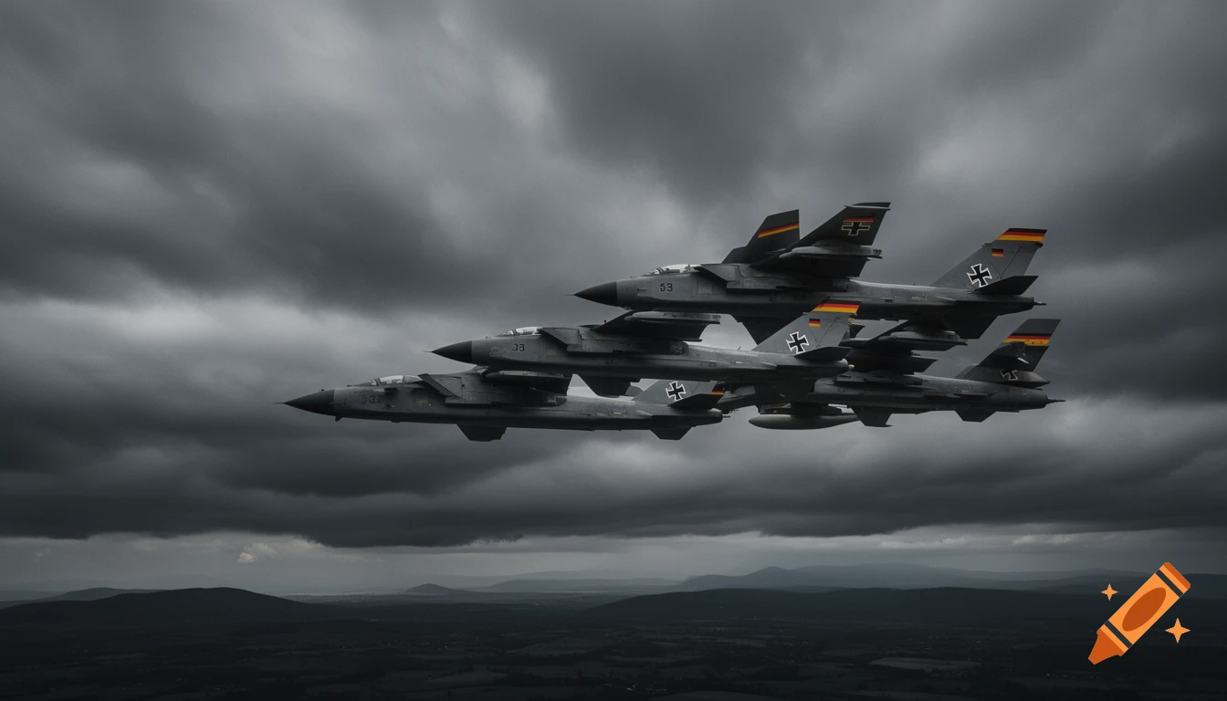 Four grey military Tornado jets with German flags and Iron Crosses fly in formation under a dark, cloudy sky over a hilly landscape, photorealistic.