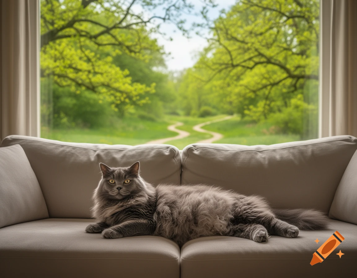 A fluffy grey cat lies relaxed on a light couch in front of a window, looking out at lush green trees and winding paths.