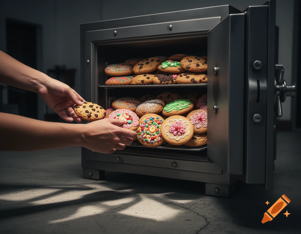 A pair of hands reaching into an open metal safe filled with various decorative cookies and chocolate chip cookies, in a dimly lit setting.