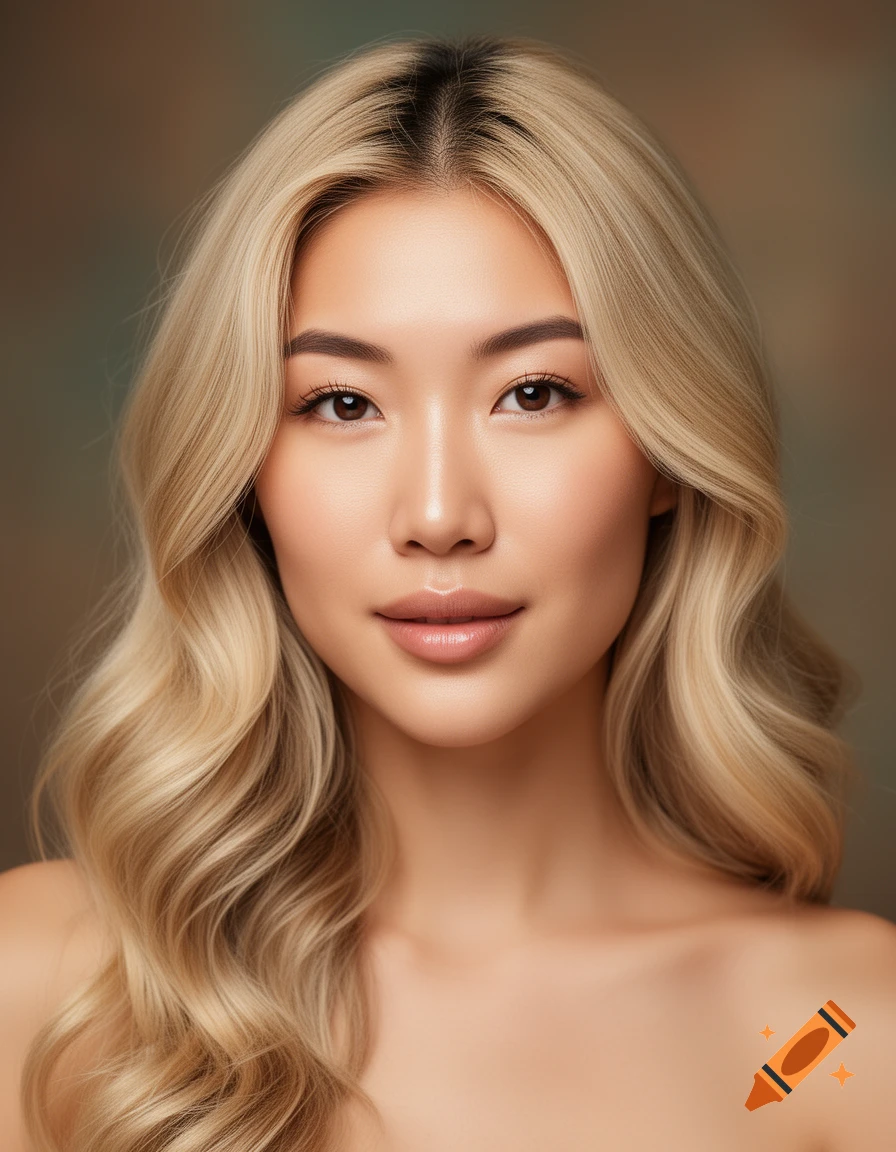 Close-up portrait of a beautiful young woman with long wavy blonde hair and a serene expression.
