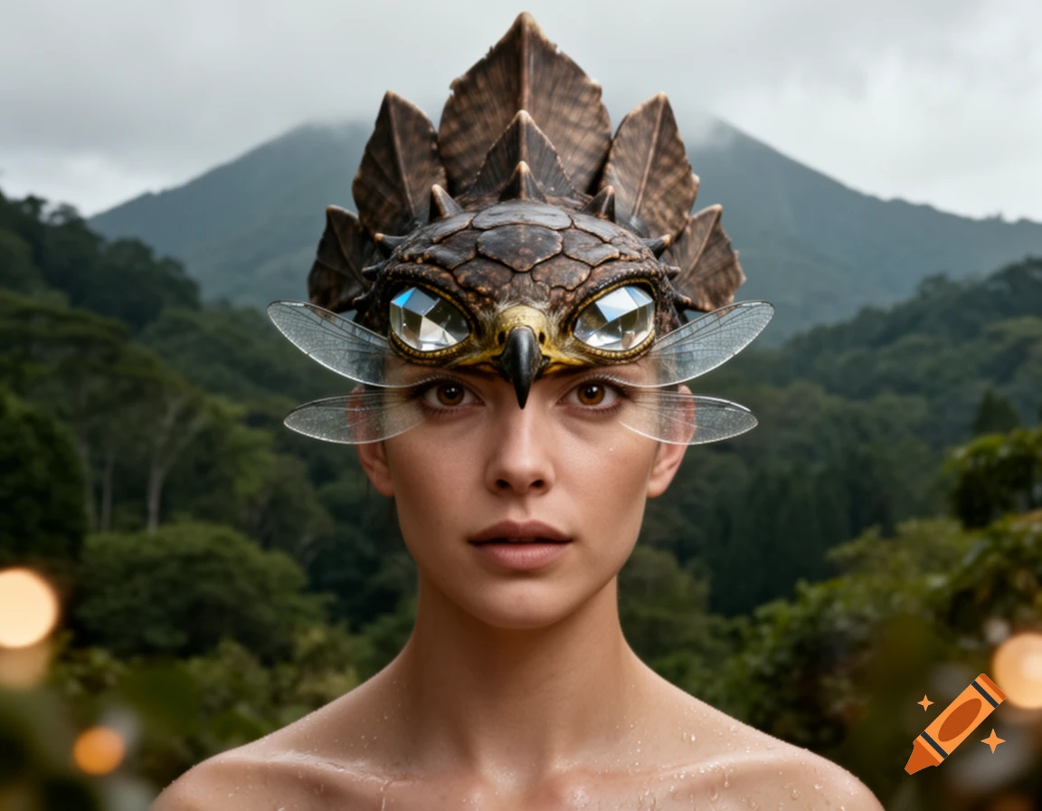 A woman with an intricate, bejeweled hawk and dragonfly-like headpiece stands in a lush green jungle with mountains.