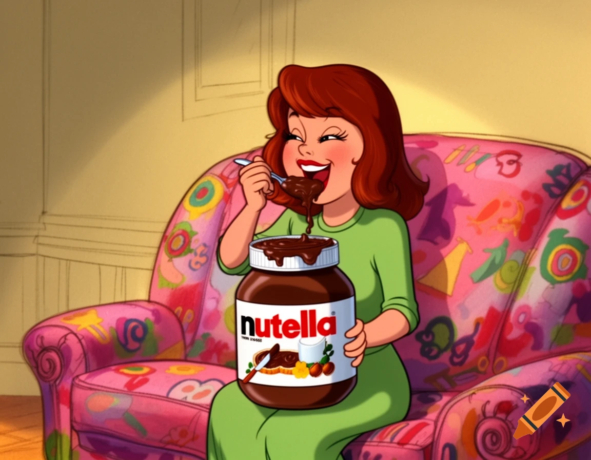 A cartoon woman with brown hair sits on a pink patterned couch, happily eating chocolate spread directly from a large Nutella jar with a spoon.