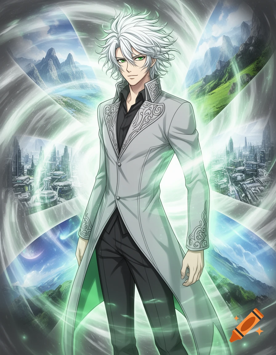 An anime man with white spiky hair and green eyes, wearing a grey coat ...