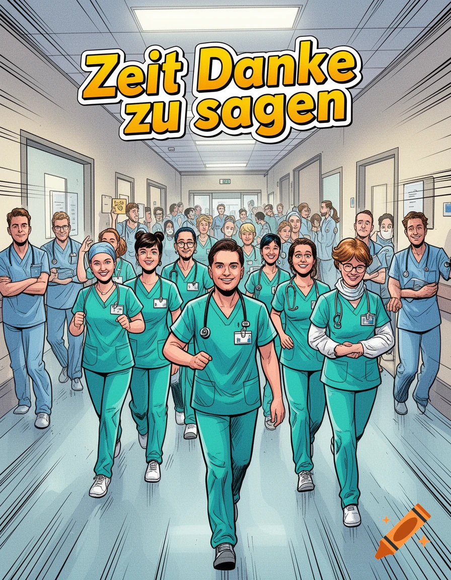 Comic style illustration of diverse healthcare workers running down a hospital hallway, with the text "Zeit Danke zu sagen" above them.
