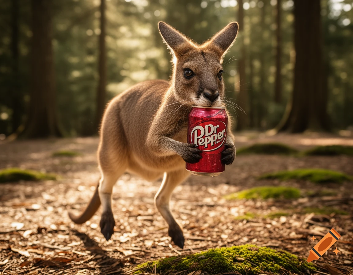 A photorealistic kangaroo holds a red Dr. Pepper can in a sunlit forest.