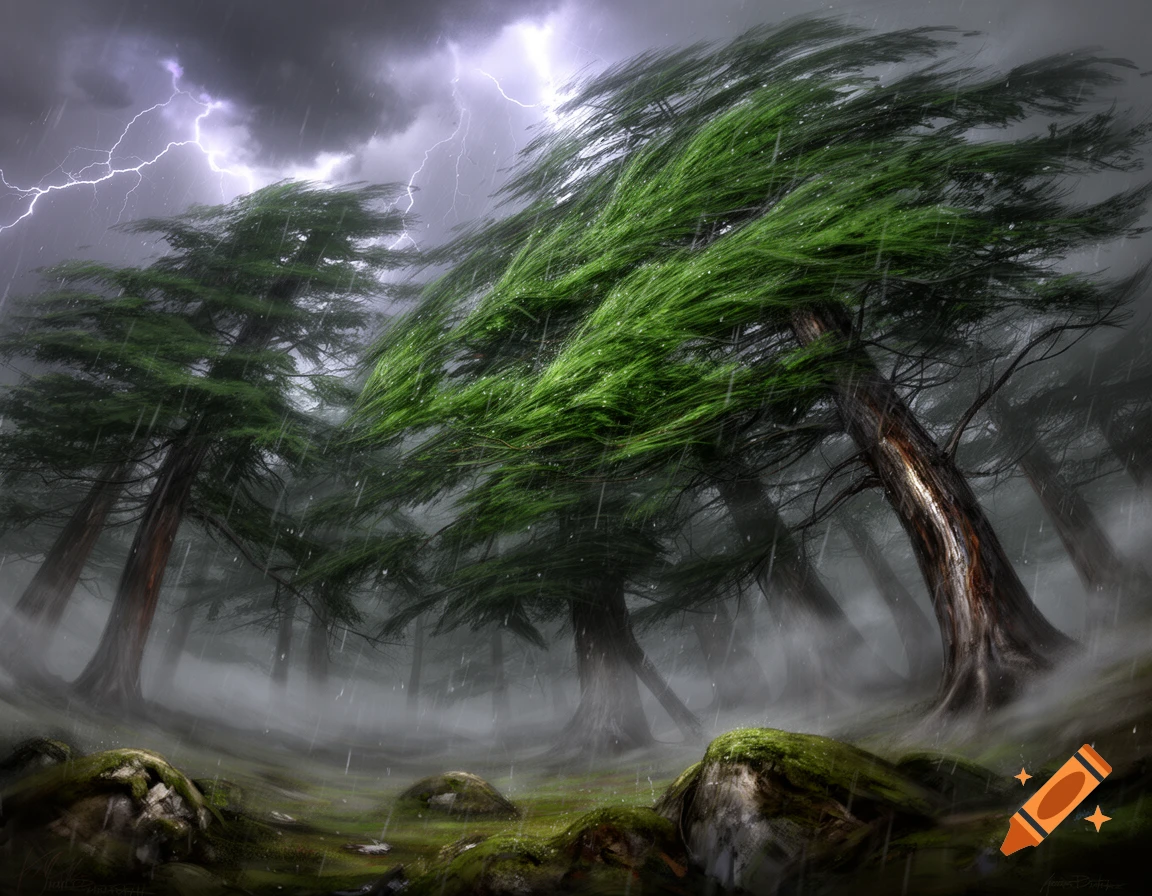 Illustration of a stormy forest with tall trees bending in wind and rain, lightning flashes across a dark sky.