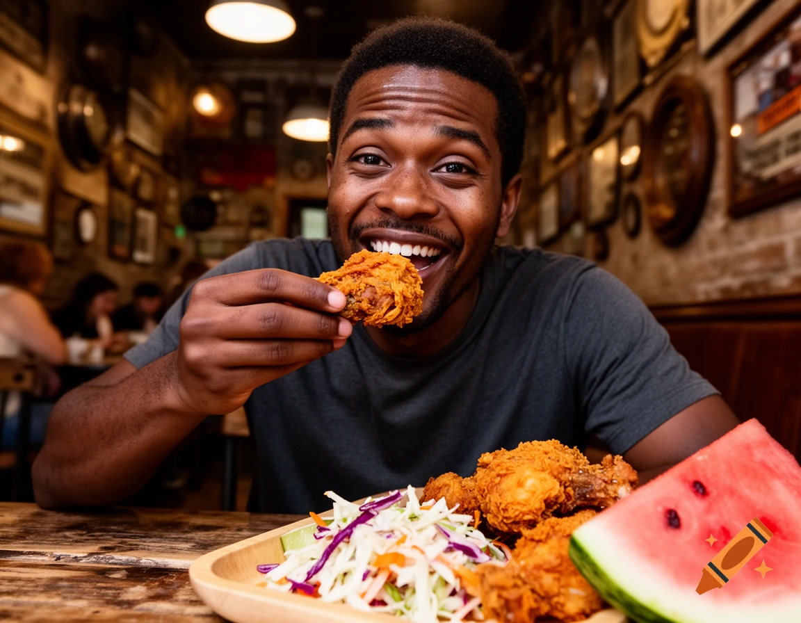 Smiling Black man eating fried chicken with coleslaw and watermelon at a restaurant.
