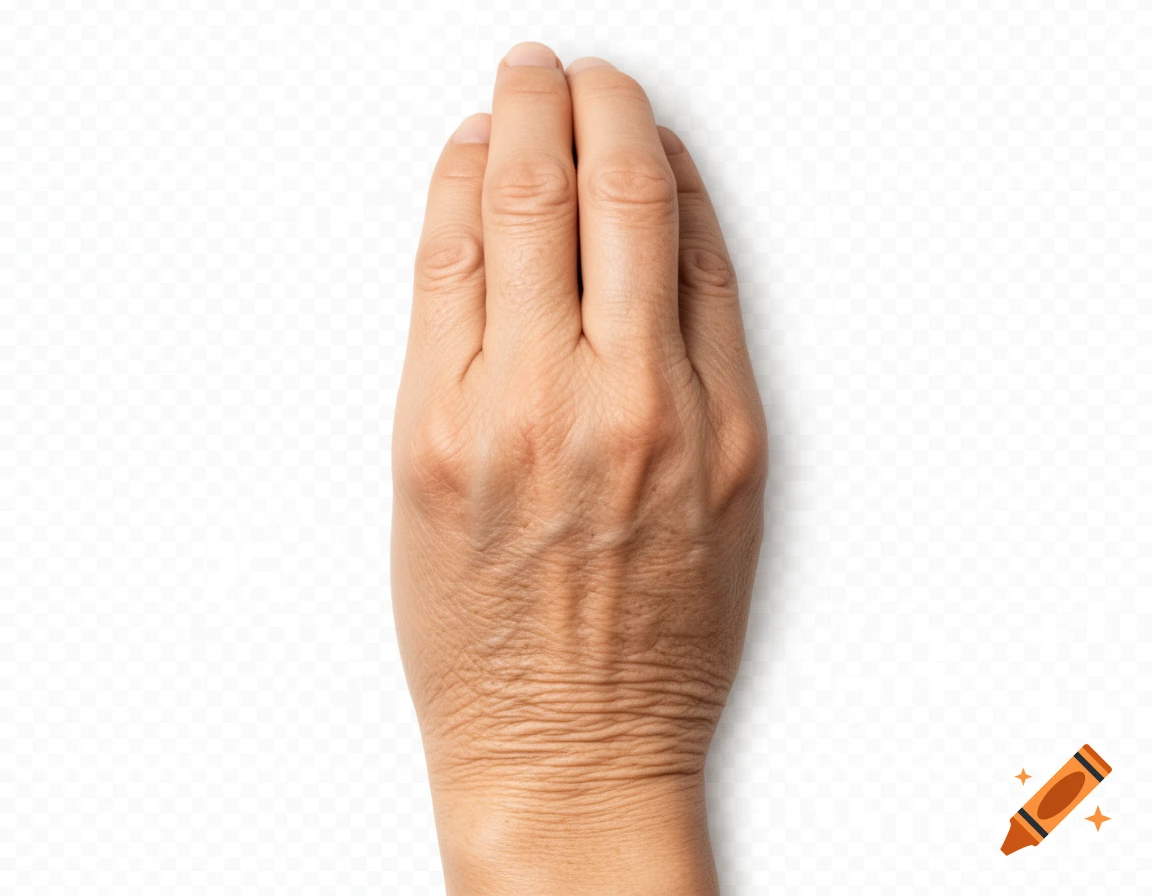 Photorealistic image of the back of a right hand with fingers held together on a transparent background.