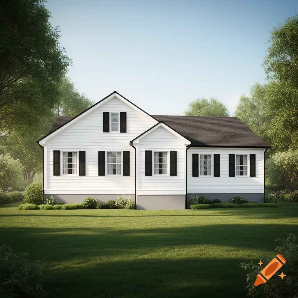 A photorealistic white ranch-style house with black shutters and a gray foundation, surrounded by a green lawn and trees under a clear sky.