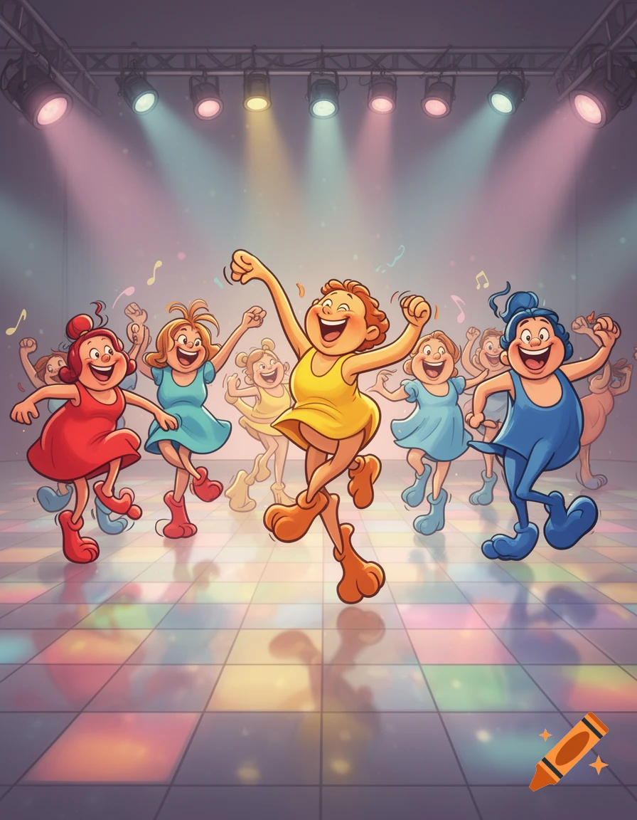 Cartoon characters with big floppy feet dance happily on a colorful disco floor under stage lights.