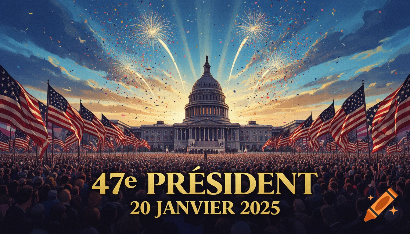 Epic cinematic illustration of a presidential inauguration at the US Capitol with a large crowd, American flags, fireworks, and confetti.