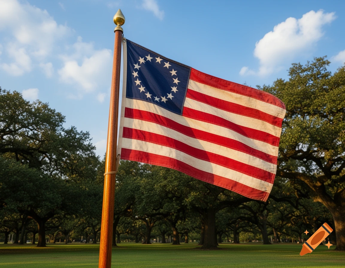 A vintage Betsy Ross flag waves on a flagpole, surrounded by green grass and large oak trees under a blue sky.