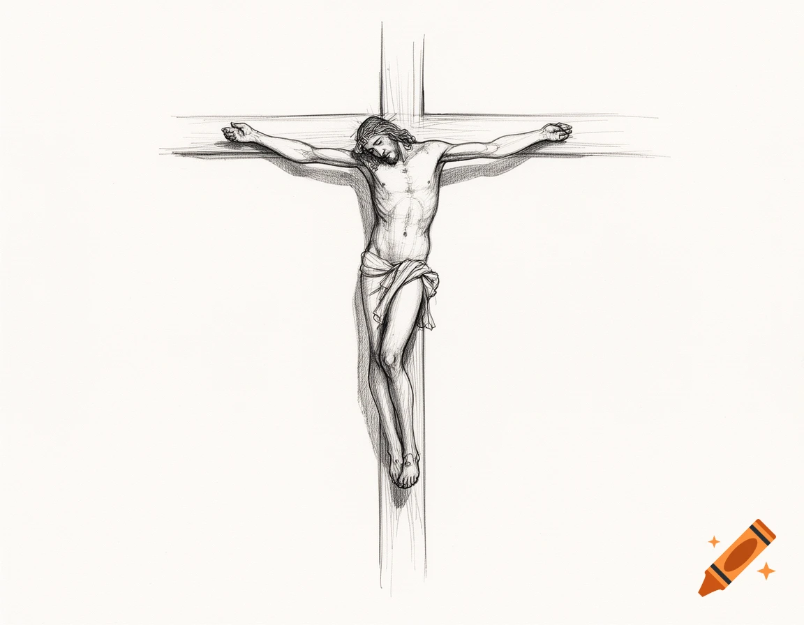 A minimal ballpoint pen drawing depicting Jesus Christ crucified on a cross.