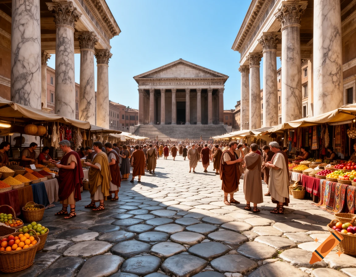 A bustling Roman marketplace with people in togas, market stalls, and grand temples under a clear sky.