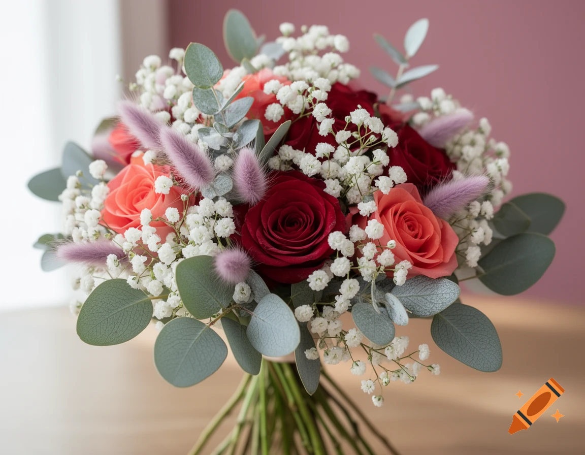 A vibrant bouquet of red and peach roses, white baby's breath, green eucalyptus, and fluffy mauve bunny tail grass.