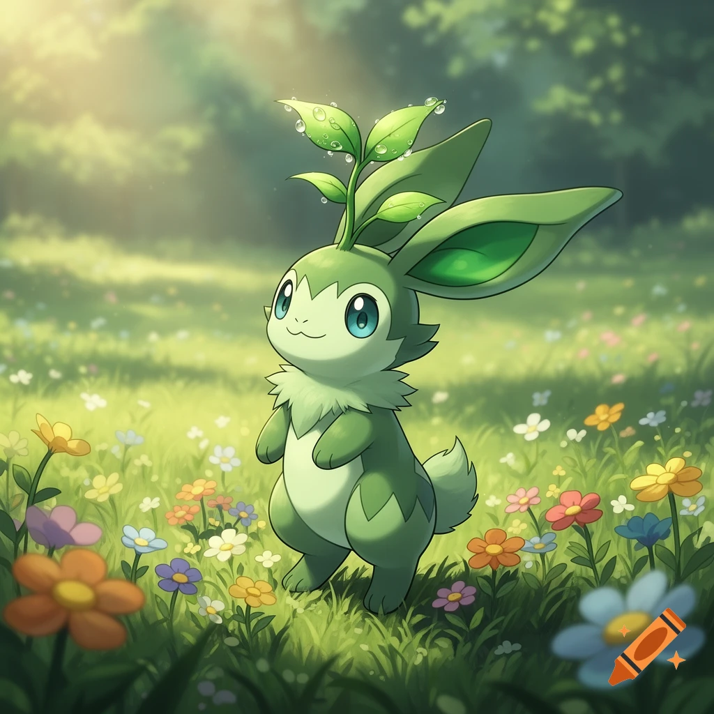 A cute green, rabbit-like Pokémon with leaves on its head stands in a sunny field of colorful wildflowers.