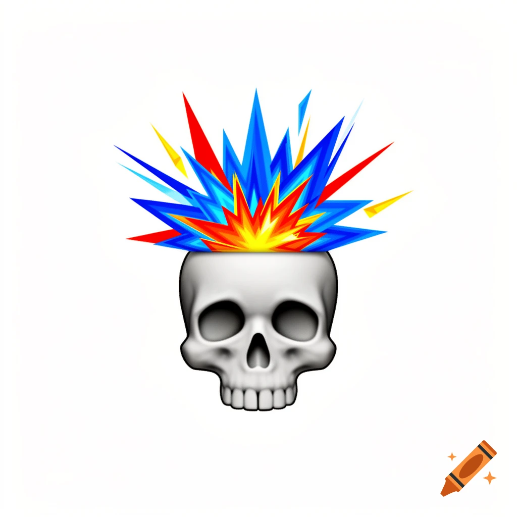 A skull emoji with a colorful explosion of sharp red, blue, and yellow shards bursting from its top.