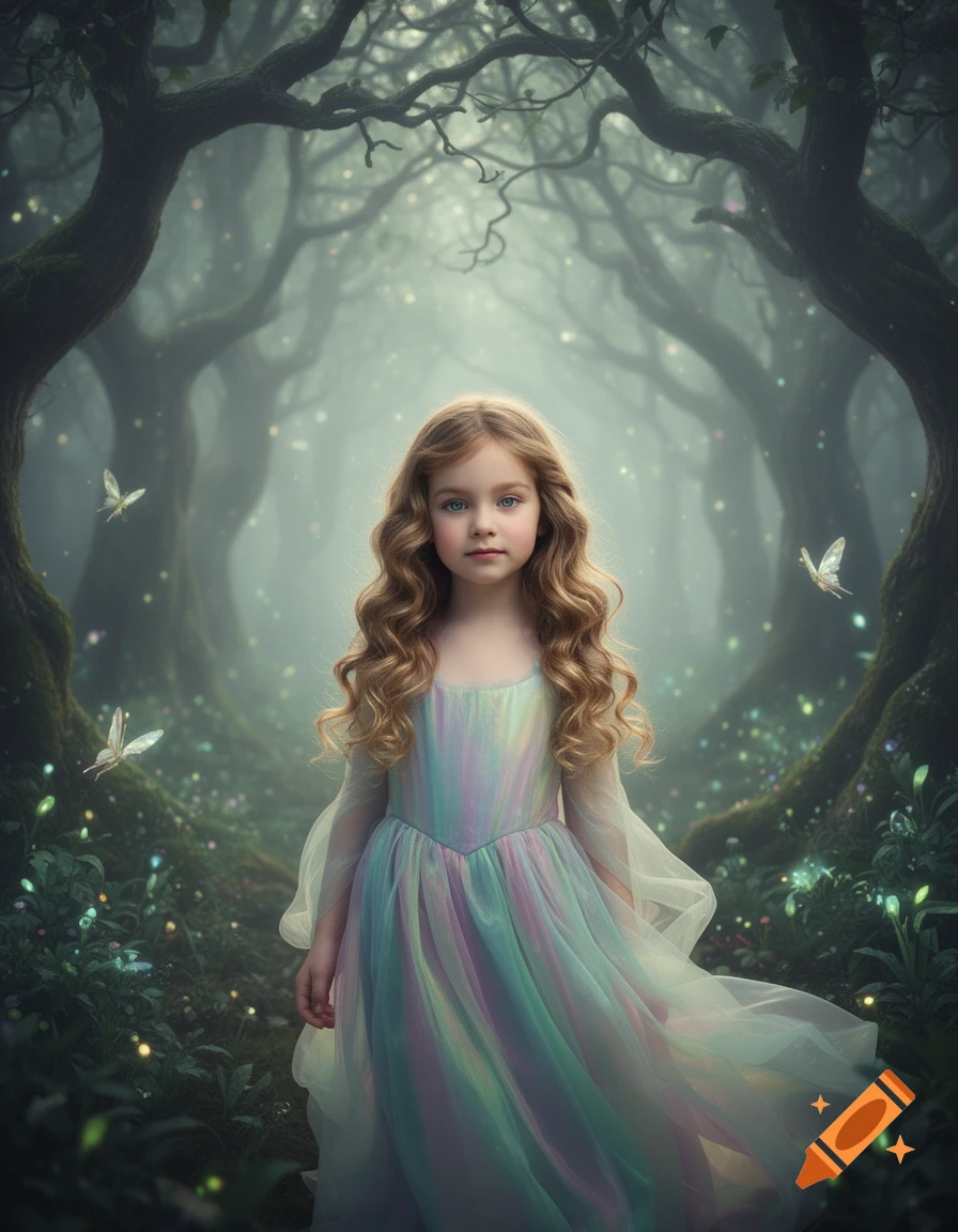 A young girl with long wavy hair and a rainbow dress stands in a ...