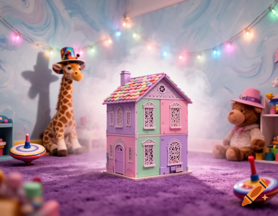 A vibrant dollhouse sits on a purple carpet in a dreamcore daycare, flanked by a giraffe and bear, under string lights.