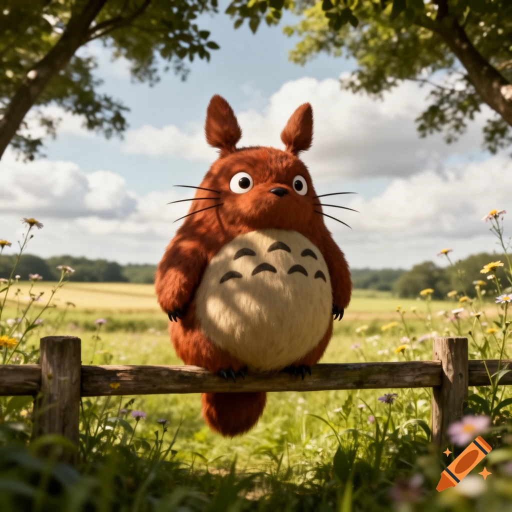 A fluffy brown fantasy creature resembling Totoro sits on a wooden fence in a sunny meadow.