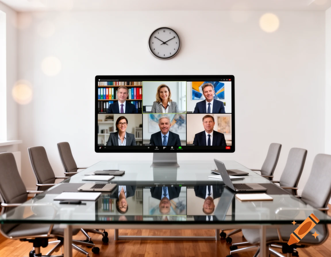 A monitor on a glass conference table displays a six-person video conference in a modern meeting room with a clock.