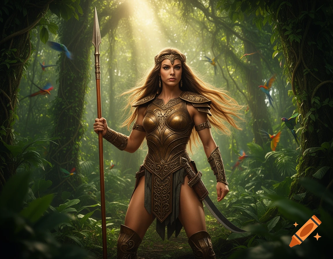 Photorealistic female warrior in ornate gold armor holding a spear, standing in a lush, sunlit jungle with flying birds.
