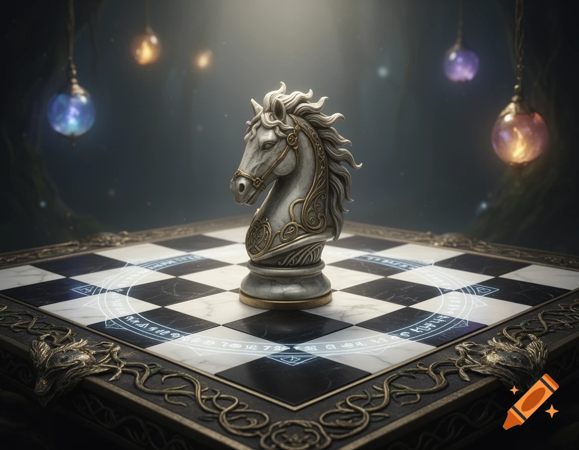A detailed fantasy chess knight piece, crafted from white and gold, stands on a black and white chessboard with glowing runes, under softly lit magical orbs.