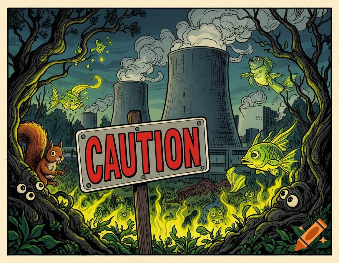 Cartoon of a nuclear plant, 'CAUTION' sign, glowing green waste, and mutated wildlife like a squirrel and fish.