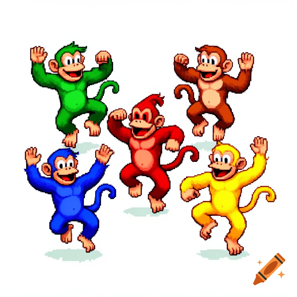 Five colorful pixel art monkeys, green, blue, red, brown, and yellow, dance joyfully on a white background.