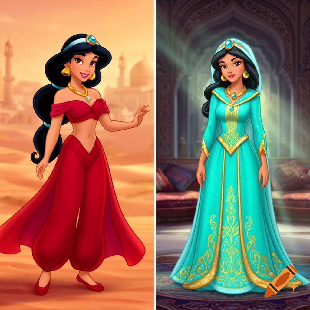 Princess Jasmine in 2D Disney art style, split image. Left: red harem outfit in a desert. Right: turquoise full-body sultana's outfit indoors.