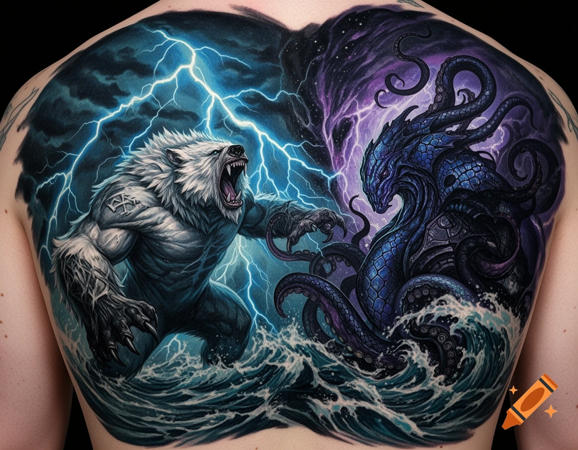 Vibrant back tattoo depicting a white, roaring bear-like creature and a dark, tentacled Lovecraftian entity battling amidst lightning and waves.