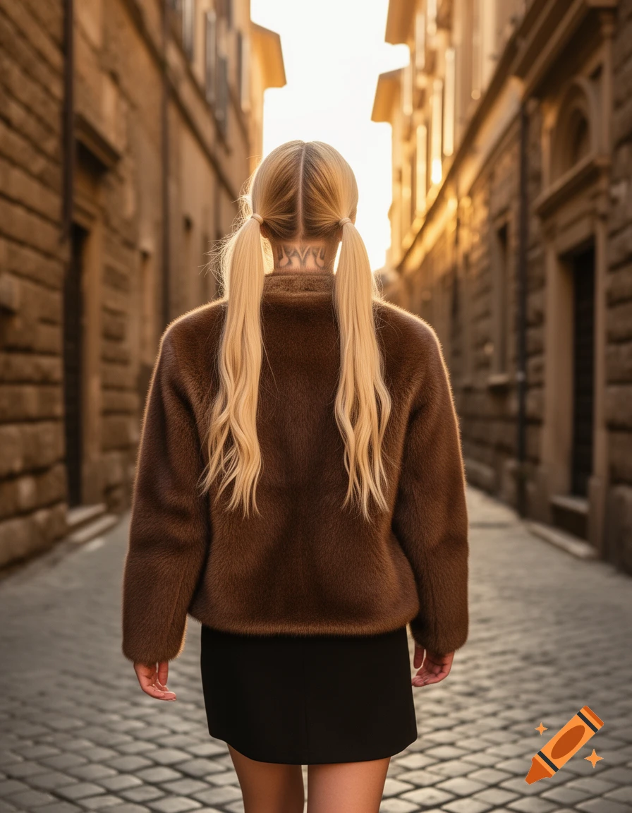 A blonde woman with pigtails from behind, wearing a brown fur jacket and black skirt, walks down a sunlit cobbled street in an old European city.