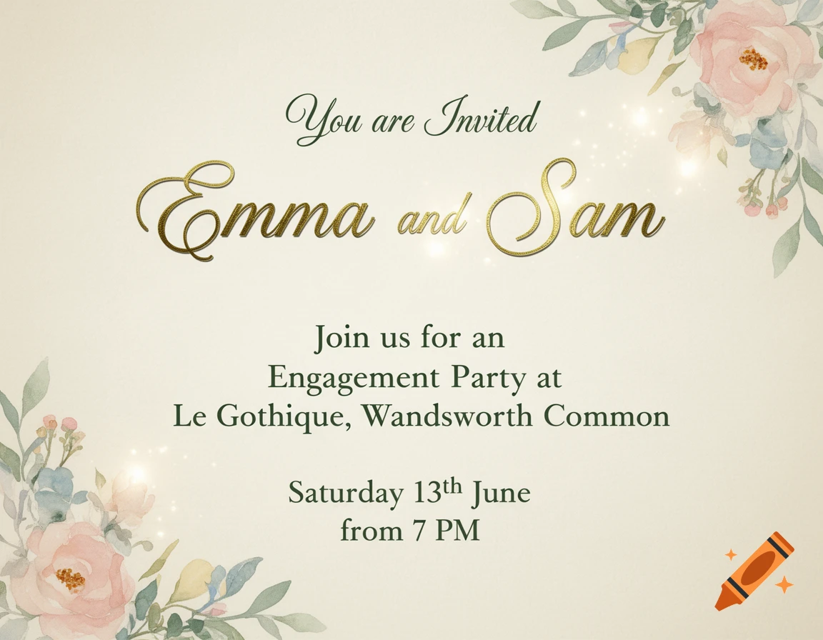 Elegant engagement party invitation for Emma and Sam with watercolor pink roses, green leaves, and gold and green script text on a cream background.