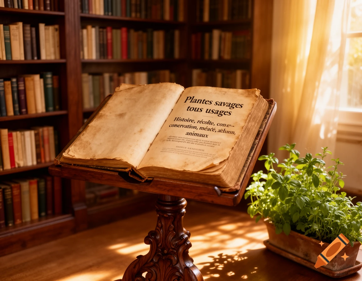 An old, open book on a wooden lectern in a sunlit library, with a potted basil plant nearby.