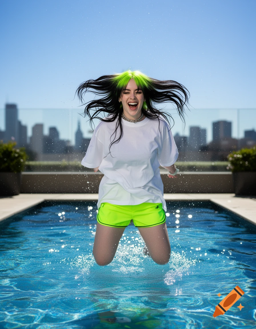 Billie Eilish with green hair roots and dark hair jumps out of a swimming pool, laughing, with a city skyline in the background.