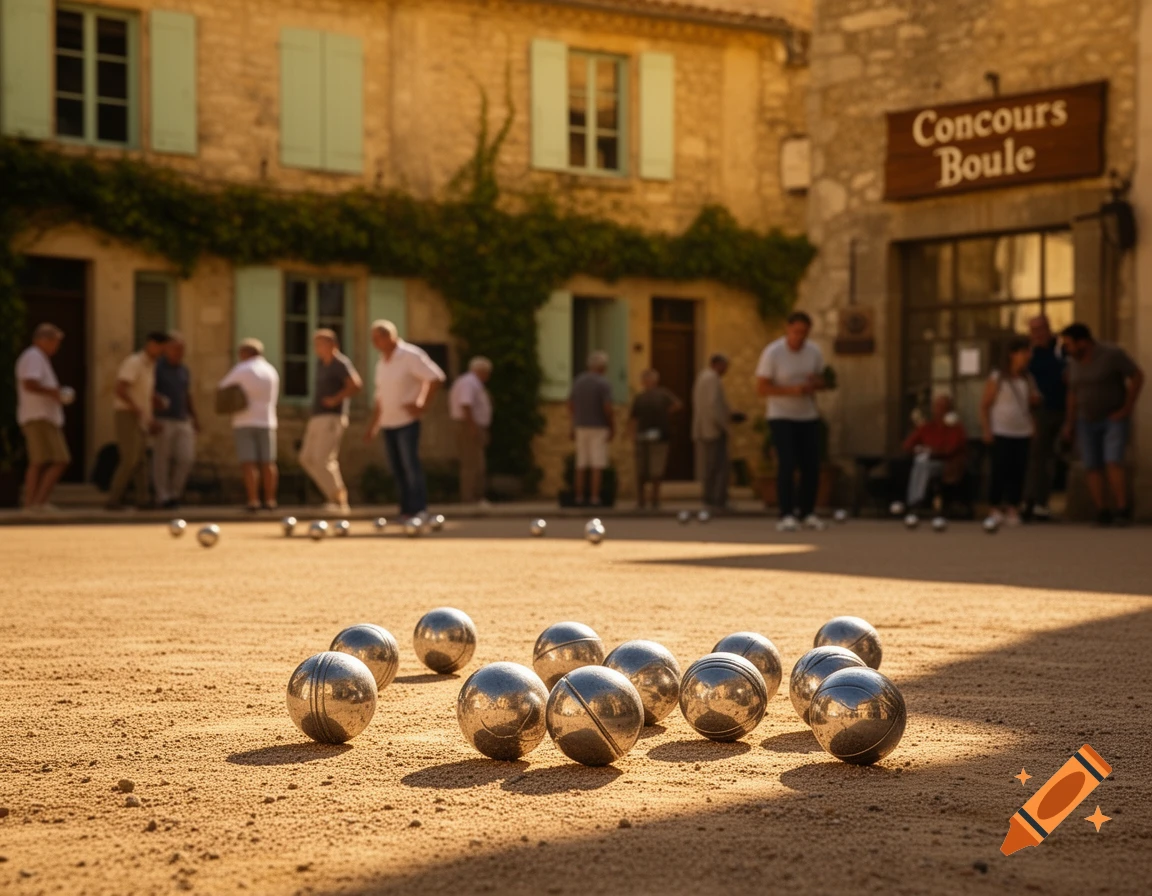 Pétanque balls on a dirt court in a sunlit village square where people play, with a 'Concours Boule' sign.