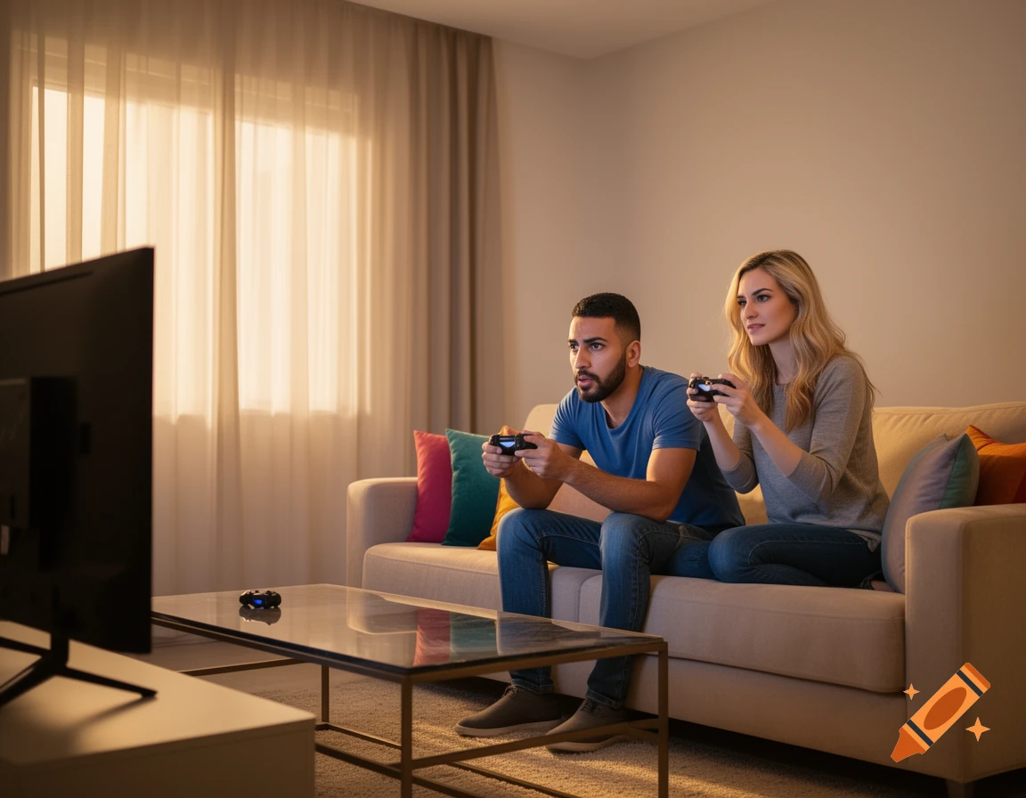 A man and woman sit on a couch in a living room, intently playing video games with controllers.