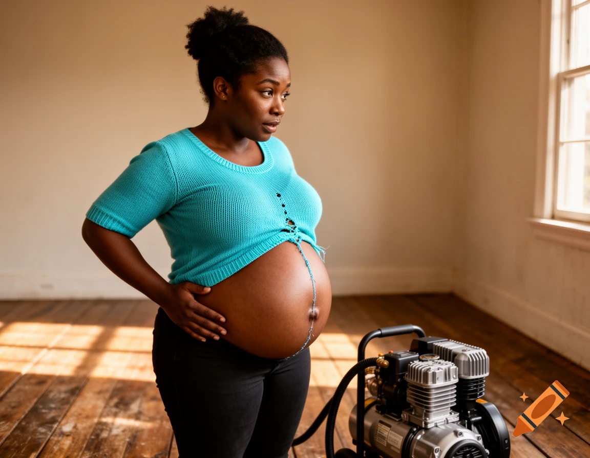 A pregnant Black woman in a blue top stands in a room with an air compressor, looking thoughtfully to the right.