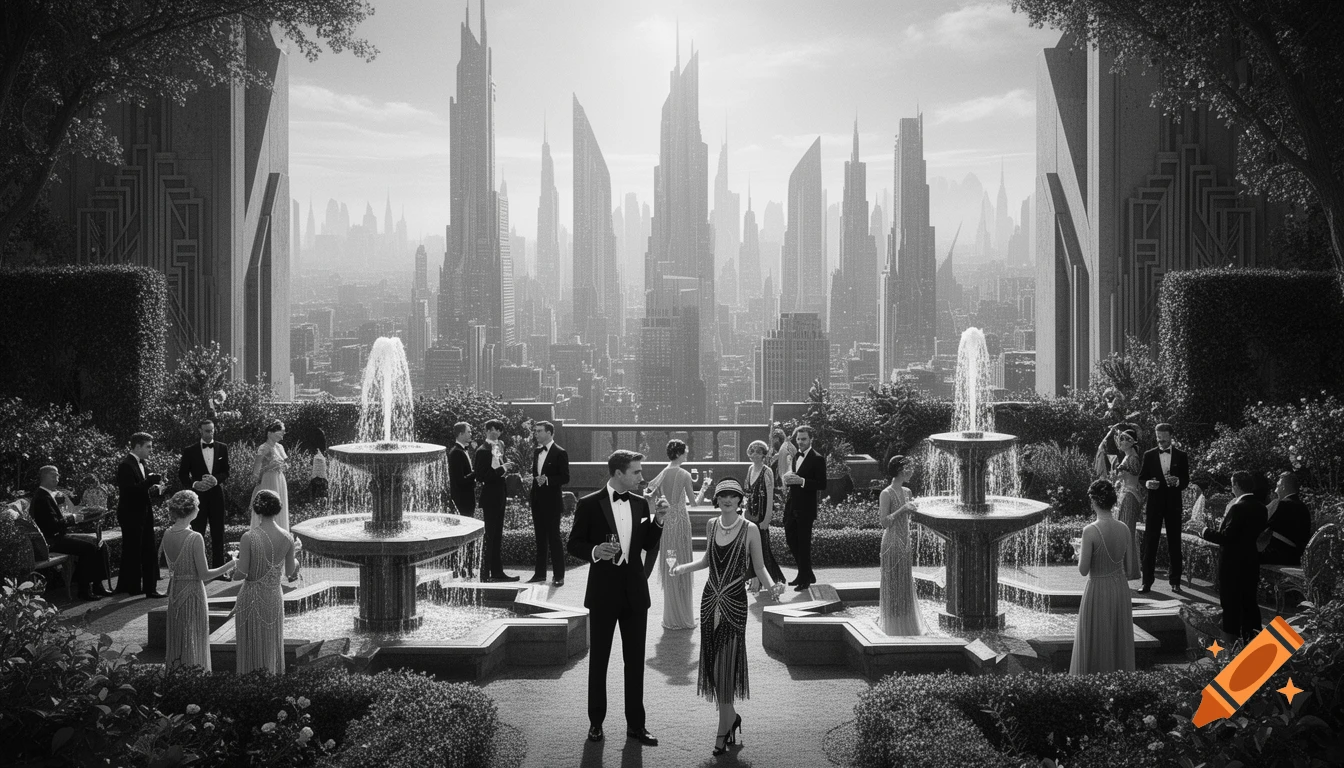 Black and white photo of people in 1920s fashion at a garden party overlooking a futuristic Art Deco city.