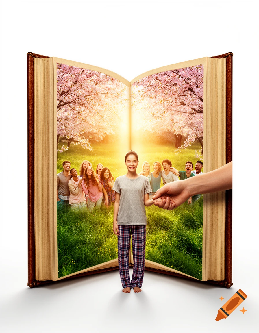 A woman in pajamas stands barefoot before a magical open book, from which a hand reaches out. Inside, cherry blossom trees and happy friends fill a vibrant green field.