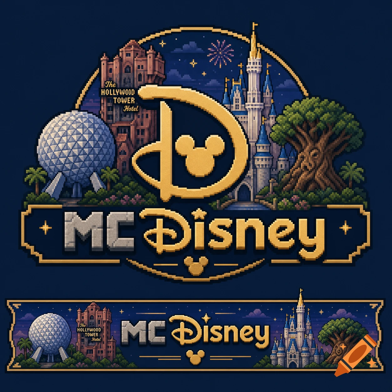 A pixel art logo featuring Disney World landmarks, including Spaceship Earth, the Tower of Terror, Cinderella Castle, and the Tree of Life, surrounding a large gold 'D' with a Mickey Mouse head and the text "MCDisney" on a dark blue background.
