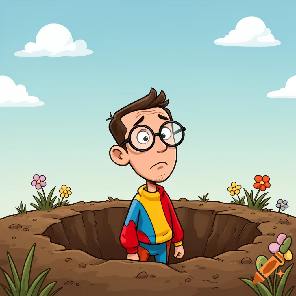 A cartoon man in a colorful sweater stands sadly in a hole in the ground, under a blue sky with clouds and flowers.