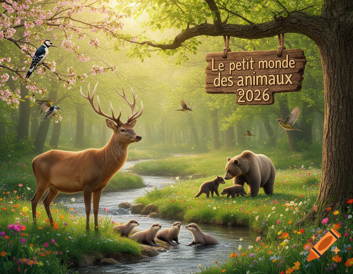 A photorealistic image of a deer, a bear with cubs, and otters in a vibrant spring forest with a stream and a sign "Le petit monde des animaux 2026".