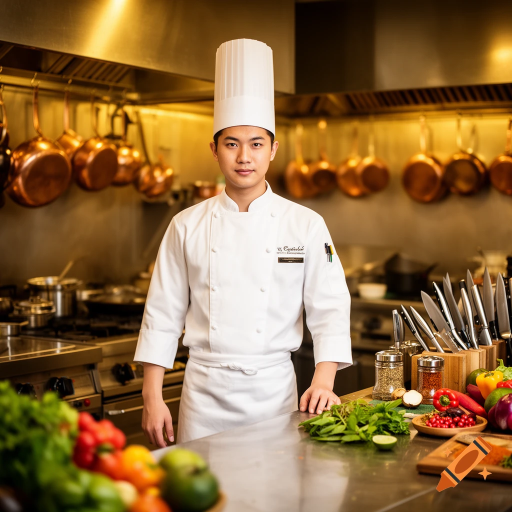 A young Asian male chef in a white uniform and tall hat stands in a professional kitchen with copper pots and fresh produce.